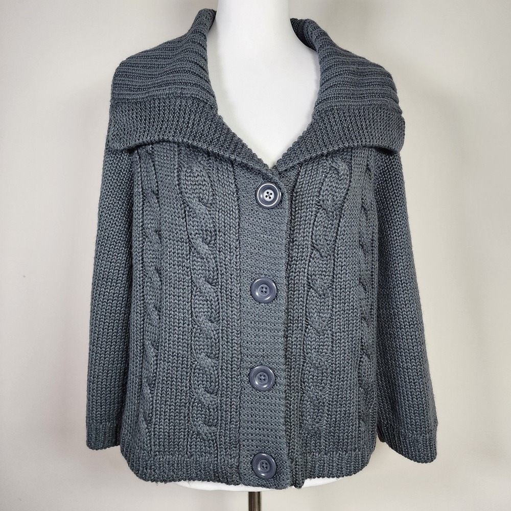 Cleo Wool Blend Cardigan Womens Large‎ Cable Knit Grandpa Sweater Fisherman Cosy